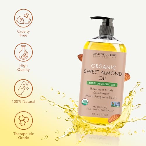 Majestic Pure USDA Organic Sweet Almond Body Oil | Large 236 ml | 100% Pure & Natural Cold Pressed Oil Sweet Almond Oil for Skin, Face, Nails, Hair, Scalp & Massage | 236 ml