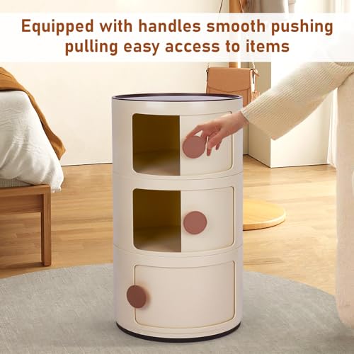 mopam Round Bedside Cabinet Round Nightstand Nordic Bedside Nightstand Bedside Table with Sliding Doors Round Storage Cabinet Round Chest of 3 Drawers for Bedroom, Living Room