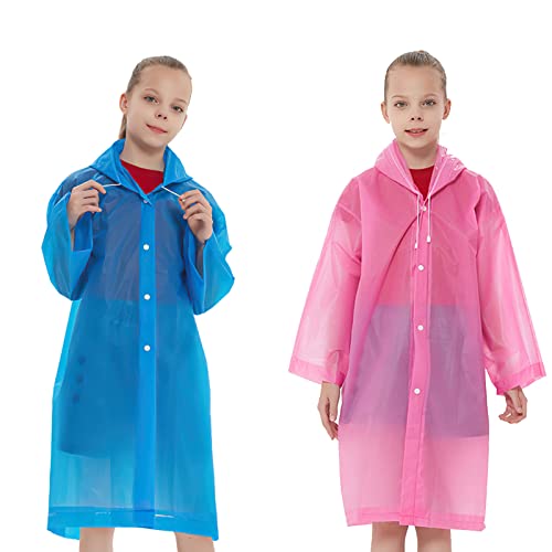 Baiyuanli 2 Piezas Chubasqueros Ponchos de Lluvia para Niños Abrigos Impermeables Niñas Poncho Ligero Transparente Reutilizable con Capucha y Botones para Viajes Senderismo Ciclismo Cámping Universal