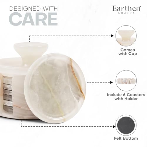 Earthen Crafts Marmor-Untersetzer mit Halter & Deckel, 6 Stück, 8,9 cm, rund, weißer Onyx-Stein, Untersetzer für Getränke, ideal für Esstisch, Couchtisch und Bürotisch