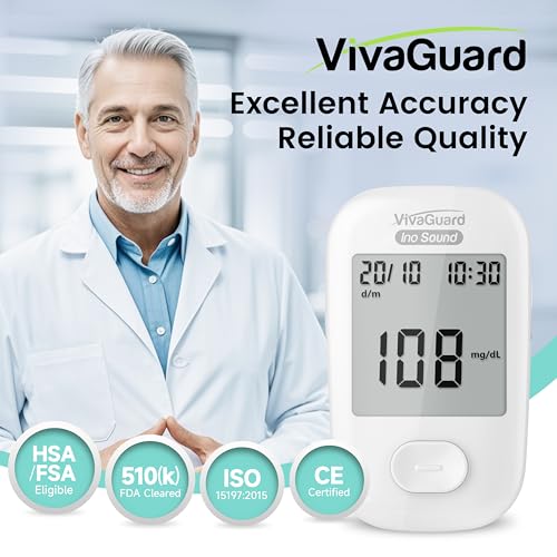 Image of VivaGuard VGM26 Talking Blood Glucose Monitor Kit, 100 Strips & 100 Lancets | Voice Guidance for Senior and Poor Vision, 1000 Large Memory, No Coding, Large Display,Carrying Case Portable for Travel