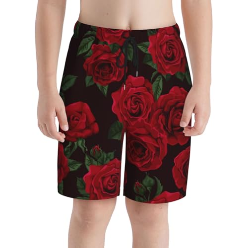 Red Rose Flower Black Teen Boy's Summer Beach Shorts Quick Dry Swim Trunks Running Sports Shorts - Main Image
