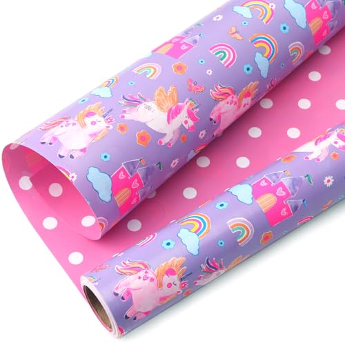Ribbli Unicorn Birthday Wrapping Paper Unicorn and Dots Reversible Mini Roll Pink Gift Wrap for Girls Kids Birthday Baby Shower 17 Inch x 33 Feet