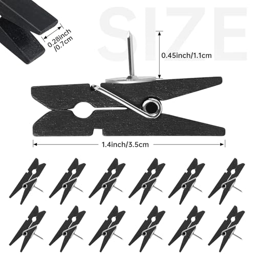GOOLADA 50Pcs Push Pins with Wooden Clips, Black Thumb Tacks, Cute Decorative Clothespin Pushpins for Bulletin Board, Cork Board, Photos Wall, Classroom, Office