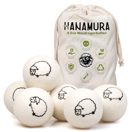 Hanamura Drogerballen - 6 Wasdrogerballen - 100% Schapenwol - Met opbergzak