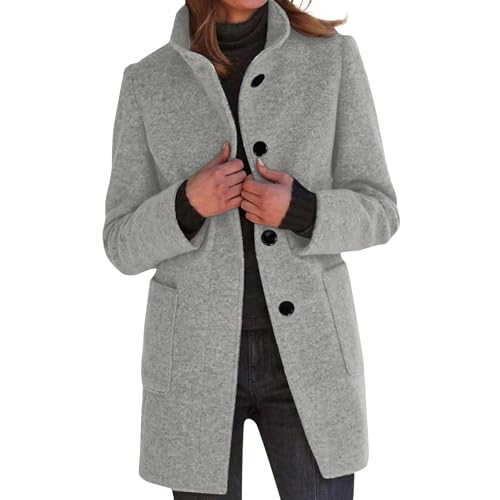 Wollmantel Damen Winter Mantel Lang Wintermantel Elegante Damenmantel Casual Tweed Übergangsjacke Einfarbig Freizeitjacke Stehkragen Jacke Mit Knöpfen Winterjacke Frauen Mit...