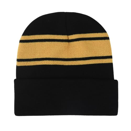Julpsk Unisex Adult Knit Striped Beanie Cuffed Winter Warm Hat Cozy Skull Cap Black Yellow