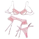 SSLLH Erotic Dessous Set Damen Sexy Spitze Tüll Mesh Strapse Flirty Lingerie Erotische Herz-Muster Reizwäsche 3-TGL BH Und String für Frauen Valentinstag Nachtwäsche Perspektive Negligee Sex, Rosa, L