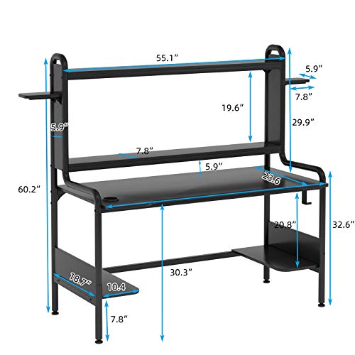 Tiyase Gaming Desk With Monitor Stand, 55 Inch Gaming Computer Desk With Hutch And Storage Shelves, Large Pc Gamer Desk Workstation Gaming Table With Cup Holder, Headphone Hook, Speak Stands, Black #TOP2