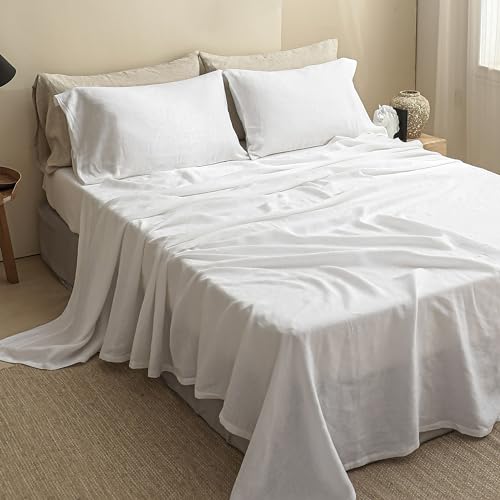 Image of Simple&Opulence 100% Linen Sheet Set Solid Color-4 Pcs Washed French Linen Bed Sheets(1 Flat Sheet,1 Fitted Sheet,2 Pillowcases)-Breathable Bedding Set (White, Queen)