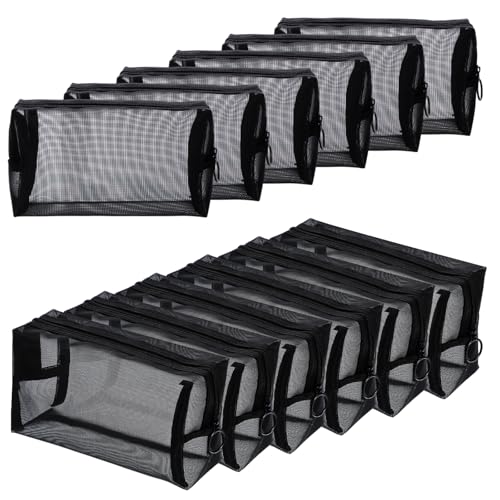 12 Pieces Mesh Makeup Bag Portable Mesh Cosmetic Bag Black Zipper Pouch Breathable Travel Toiletry Bag for Home Offices Travel Accessories Organizer