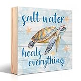 Vgrti Salt Water Heals Everything Wood Box Sign, Sea Turtle Beach Sign, Summer Home Beach House Themed Room Bathroom Decor, Ocean Lover Gifts for Women Men, Sea Turtle Lover Gifts