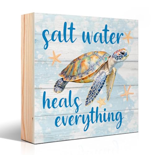 Vgrti Salt Water Heals Everything Wood Box Sign, Sea Turtle Beach Sign, Summer Home Beach House Themed Room Bathroom Decor, Ocean Lover Gifts for Women Men, Sea Turtle Lover Gifts