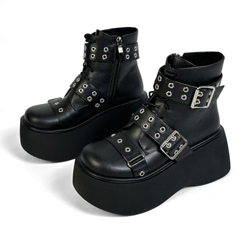 Image of FOREADA Goth Boots Chunky Heel Boot For Women Ankle Combat Booties Black Platform Bootie Buckle Rivets Punk Goth Shoes With Zipper