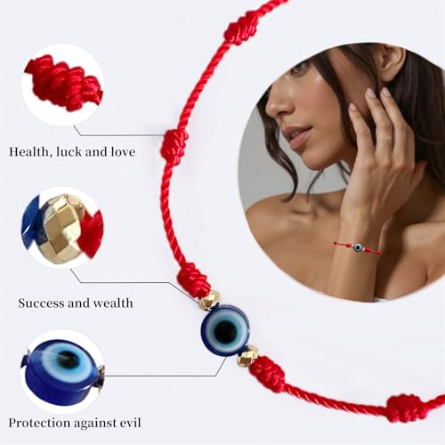 Image of BONITTER Evil Eye Protection Bracelet Set, 12 Pack Adjustable Red 7 Knot Lucky String Amulets, Black and Pink Friendship Bracelets for Women, Men, Boys, Girls (12, Red)