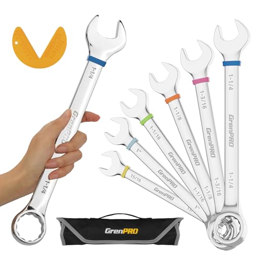 GRENPRO Large Wrench Set, SAE Wrench Set With Color Ring, 7PCS 15/16", 1", 1-1/16", 1-1/8", 1-3/16", 1-1/4" Long Big Open End Wrench Tools Set Roll Up Pouch Organizer, 12 PT Combination Wrenches Sets by GRENPRO - Used condition - US$32.48