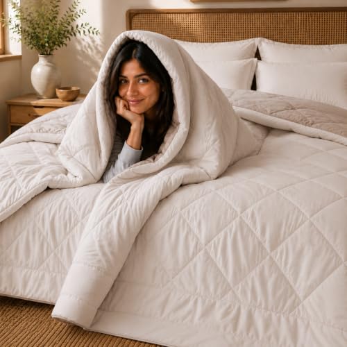Image of King Size Comforter for Double Bed, 220 GSM Soft Microfiber AC Comforter, All Season Lightweight Reversible Blanket Bed Quilt, Premium Bedding, 90 x 100 Inch, Cream-Light Brown