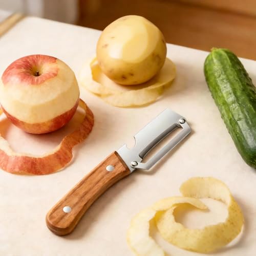 Image of Multi-Functional Vegetable Peeler for Kitchen | Stainless Steel Peeler with Wooden Handle & Bottle Opener | Single Blade for Fruits and Vegetables | 1 Piece