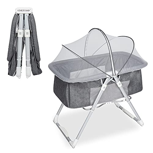 Kinbor Baby Bassinet, 2 in 1 Compact Travel Bassinet - Folding Portable Crib with Removable Canopy, Bag, Inner Circle - Upgrade