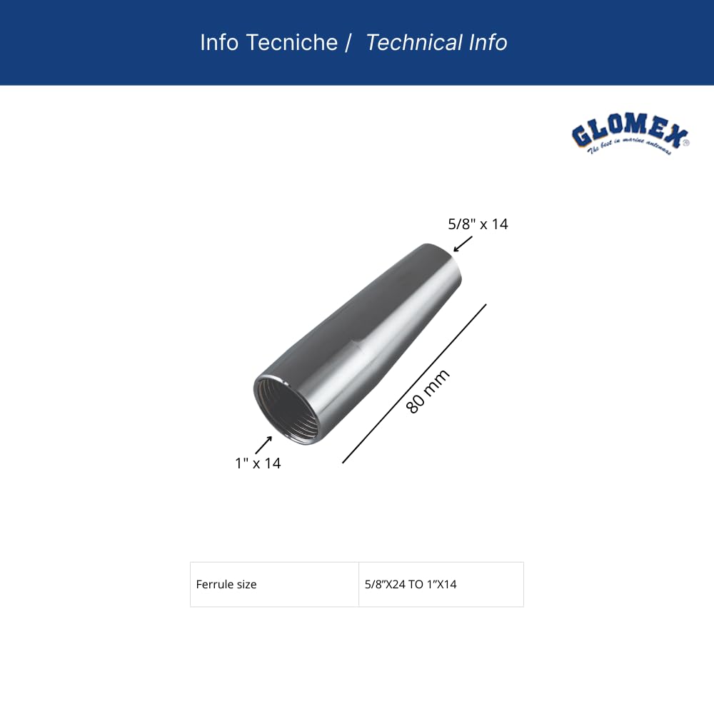 Glomex – Boccola Adattatore RA358 in Ottone Cromato, Filettatura 5/8″x24 a 1″x14, per Antenne Glomex RA300 e RA304
