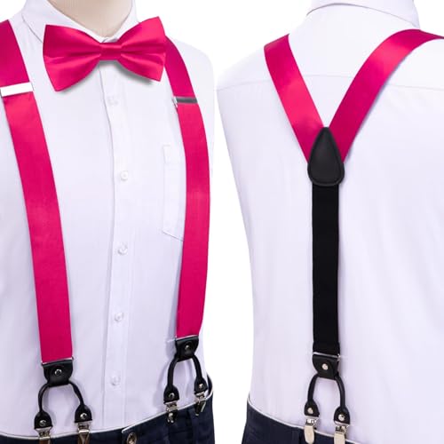Image of Hi-Tie Men Suspender Bowtie Set Suspenders Pre-tied Bow Tie Pocket Square Cufflinks Adjustable Y Shape 6 Clips Braces Tuxedo