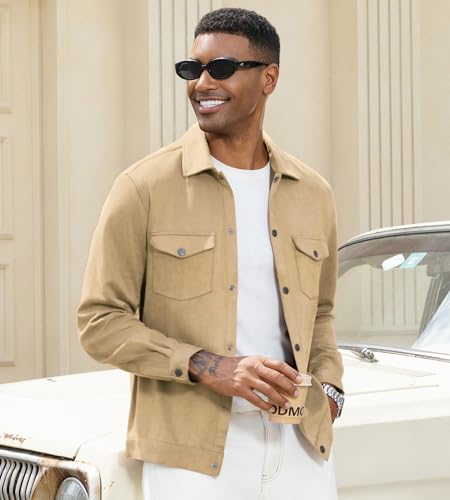 Alex Vando Mens Suede Shirt Jackets Long Sleeve Two Pockets Snap Casual Button Down Shirts