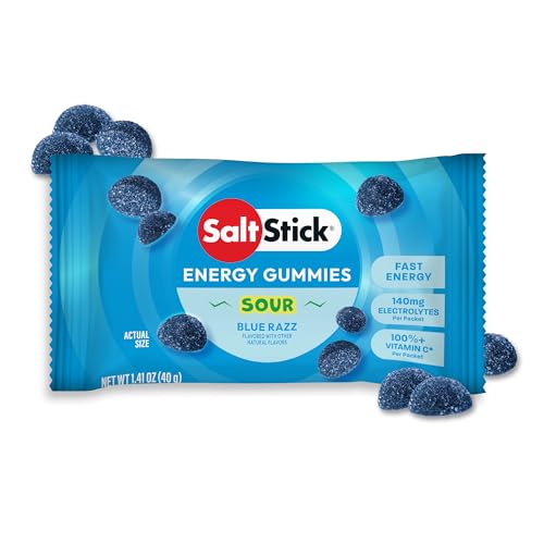 SaltStick Energy Gummies with Electrolytes Sour Blue Razz Easy to Chew Electrolyte Gummy Energy Chews that Taste Great Caffeine Free - 10 Packs 80 Gummies