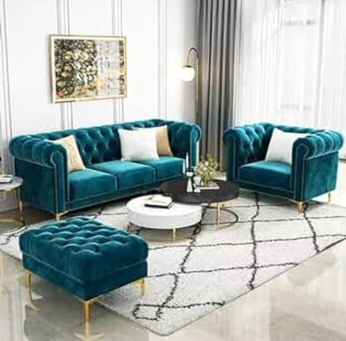 Image of Royale Hand Tufted Five (3+1+1) 5- to 6-Person SofaElegant Wooden Base Sofa In Wide Extravagant Fabric, Gives Luxurious Look For Home /Living Room /Office /Guest Room /Hotels, Green