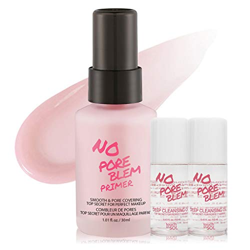 TOUCH IN SOL No Pore Blem Primer, 1.01 fl.oz(30ml) + 2 Pack Deep Cleansing Oil 13ml - Makeup Primer, Big Pores Perfect Cover, Skin Flawless and Glowing, Long Lasting Makeup's Staying