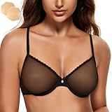 Wingslove Women's See Through Sexy Sheer Bra Unlined Underwire Support Everyday Bra with Silicone Nipple (Black,38C)