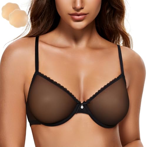 Wingslove Women's See Through Sexy Sheer Bra Unlined Underwire Support Everyday Bra with Silicone Nipple (Black,34DD)