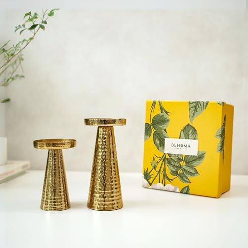 Image of Behoma Handcrafted Hammered Gold Pillar Candle Holder Gift Set | Luxury Table Centerpiece for Living Room & Dining Table | Premium Home & Wedding Decor Gift (Set of 2, Candles Not Included)