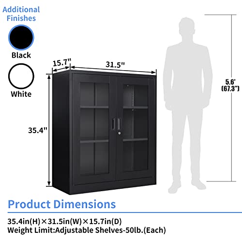 Yizosh Metal Storage Cabinet with Glass Doors - 35.4" Locking Display Cabinet with 2 Adjustable Shelves for Home Office, Living Room, Bedroom