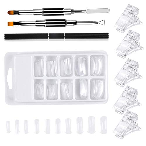 EBANKU Dual-Ended Polygel Nagelborstel, 5 stuks Verlengclip en 100 stuks Kristallen Nepnagels voor PolyGel UV Acryl Nagelborstel Gereedschap Nagelverlengingsset