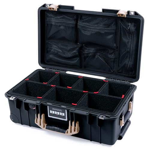 ColorCase Pelican Air 1535 Carry-on Case Black - Medium Size Waterproof Case with TrekPak Divider System & Mesh Lid Organizer - Desert Tan Handles & Latches