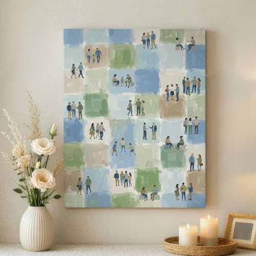 Toile abstraite personnages colorés bleu vert beige pour une ambiance sereine