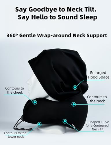 Image of Travel Neck Pillow with Extra Large Hood Rollable Airplane Hooded Neck Pillow with Memory Foam Filling and Removable, Skin-Friendly Cover with Carrying Case & Pouch (Velvet)