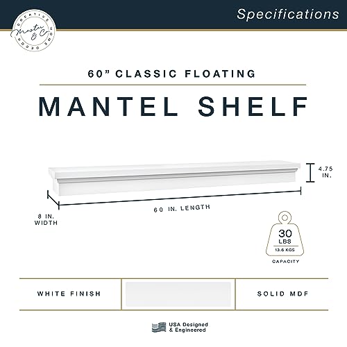 Image of MCS 60-Inch Mantel, Master & Co White Finish Solid Wood Floating Fireplace Mantel, Long Floating Shelf for Livingroom with Wood Cleat Hanging System, Photo and Home Decor Display Shelf