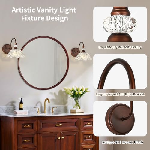 Image of 1-Piece Antique Red Bronze Vintage Wall Sconce with Floral Clear Glass Shade, Farmhouse Wall Mount Lighting for Bathroom,Vintage Bathroom Vanity Light Fixtures