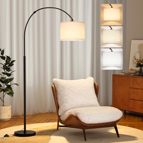 Image of PreeOtti Arc Floor Lamp, White and Black Standing Lamp with Remote Control, Floor Lamp for Living Room with Dimmable 3 Color Temperatures, Tall Lamp Corner Lamp for Bedroom Office, Bulb Included