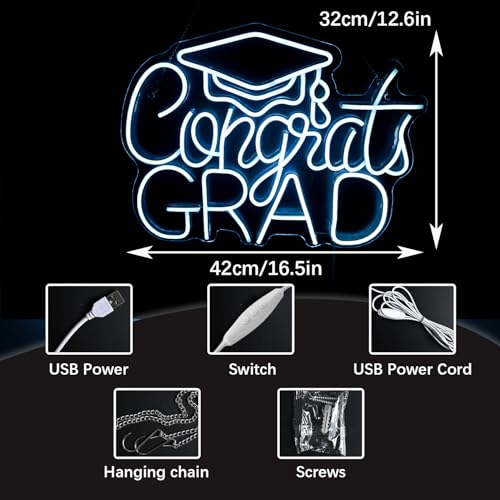 “Congrats Grad” Ice Blue Neon Sign – 16.5×12.6 in Unique Aqua-Tone LED Light for Med School & Engineering Grads, Dimmable with Wired Controller, Includes Wall Anchors – Class of 2026 by GleamNeon - Used condition - Image 5
