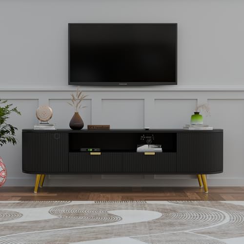 Image of 60L x 16W x 22H Inches Solid Wood TV Unit for Living Room | Modern Black TV Stand for 55-65 Inch TV | Free Standing Entertainment Cabinet with 2 Drawers & 5 Shelves