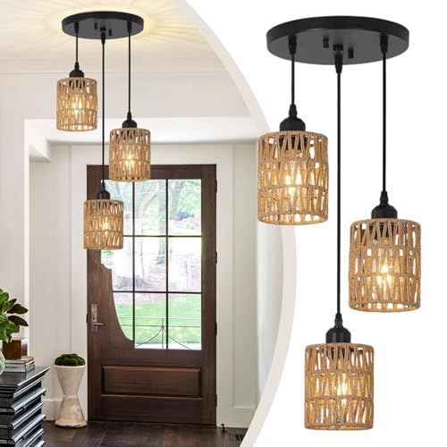 CRFASIBE 3-Light Rattan Pendant Light, Adjustable Height, Scandi Woven Hanging Lamp for Kitchen Island, Dining Room, Living Room (Black)