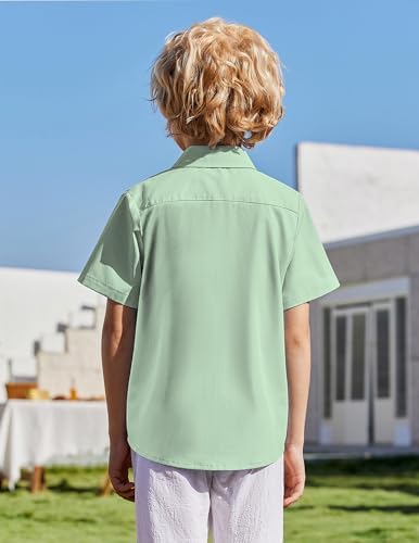 Arshiner Boys Button Down Shirt Short Sleeve Knit Shirt Summer Vintage Fashion Casual Beach Shirts for Kids 4-12 Years Light Green - 2