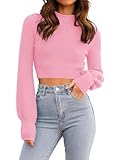 ZESICA Women's Fall Mock Neck Cropped Sweater Long Sleeve Soft Ribbed Knit Pullover Jumper Tops,HotPink,Medum