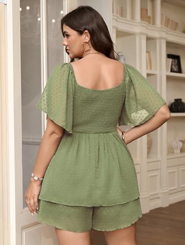 SCOMCHIC Plus Size Rompers Swiss Dot Jumpsuit with Pockets | Flutter Sleeve, Sweetheart Neckline, High Waist, Tiered Ruffle Short — view 5