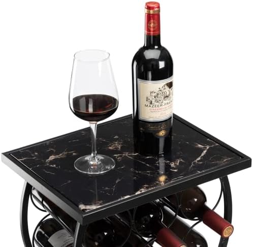 BEJOY 11 Bottles Wine Racks Console Table,Wine Rack Free Standing Floor, Wine Glass Storage Organizer Shape Display Rack for Small Spaces Marble Veneer Top Black
