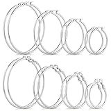 Silver Hoop Earrings for Women, Hypoallergenic Stainless Steel Hoops, Classic Thin Large Set 30/40/50/60MM, 8 Pairs