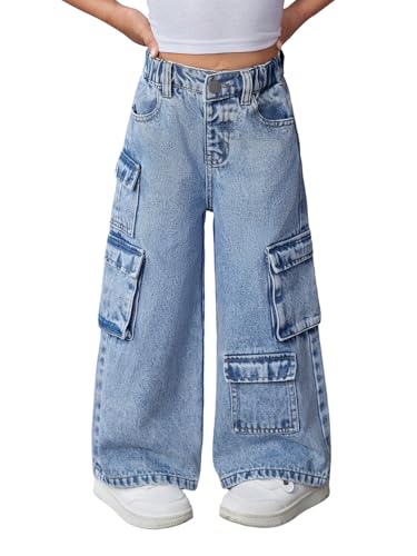 WDIRARA Toddler Girl's Wide Leg Cargo Jeans High Waisted Baggy Denim Pants Medium Wash 7Y