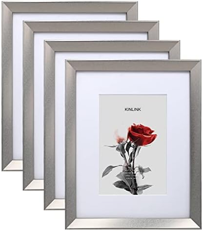 KINLINK 8x10 Picture Frames Silver, Photo Frames with Real Glass for Pictures 5x7 with Mat or 8x10 without Mat, Composite Wood Picture Frames for Tabletop and Wall Mounting Display, Set of 4